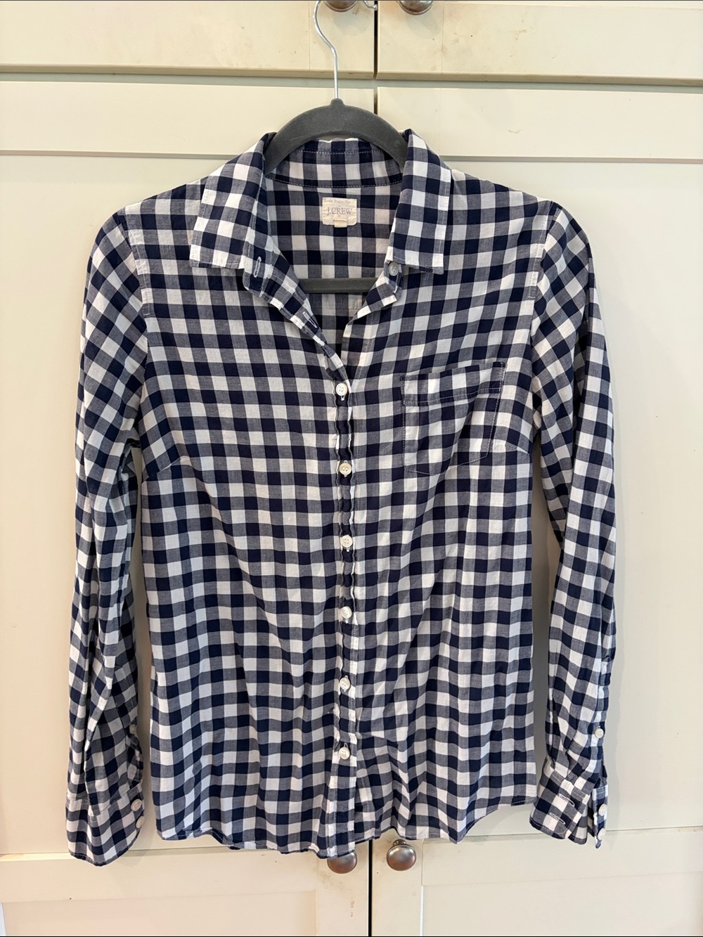 J. Crew Navy and White Gingham Button-Down Shirt; S